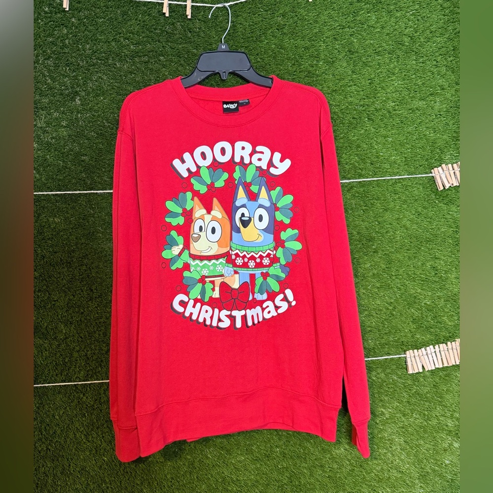 Men’s Medium Fleece Lined Bluey Hooray Christmas Graphic Crewneck